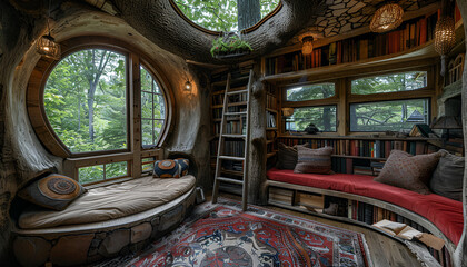 A well-lit room showcasing a round window and a stylish couch, creating a serene and inviting atmosphere.