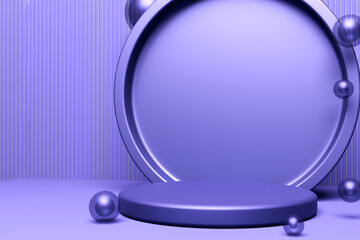 A purple podium with a decorative circle and colorful balls against a purple background