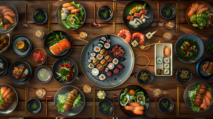 Japanese restaurant dinner table spread in top-down view, array of beautifully plated sushi, sashimi, tempura, surrounded, fresh salads, traditional Japanese food