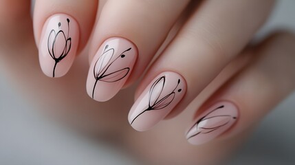 Beautiful nail art with a simple tulip flower design in light pink and white colors, with thin black lines on the nails of one hand