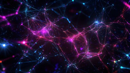 A complex network of interconnected glowing lines and abstract digital shapes in neon colors, set against a deep black background, evoking a high-tech, cybernetic atmosphere