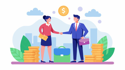  Salary negotiation, pay raise discussion or wages and benefit agreement, business deal, business people handshake on pile of money banknote after finish agreement 