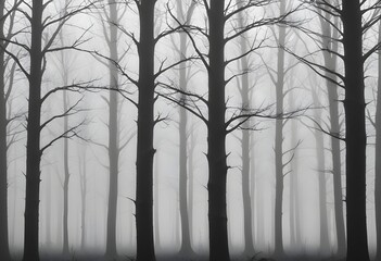 Obraz premium Bare trees in a foggy forest , with the trunks and branches visible against the mist