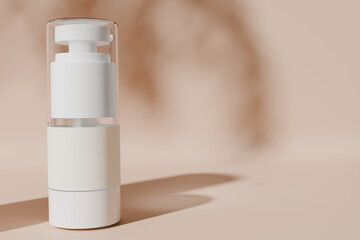 A bottle with box, both placed on a beige background mockup 3d render