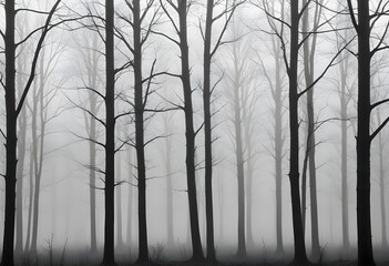 Obraz premium Bare trees in a foggy forest , with the trunks and branches visible against the mist