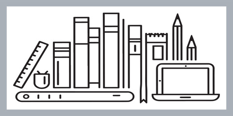 Set of logotype icons black school book, pen, pencil, calculator, clock, school ruler, school Bag, pencil box, study caps, graduation caps, water pot, Note book items illustration silhouettes