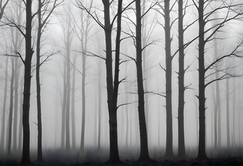 Obraz premium Bare trees in a foggy forest , with the trunks and branches visible against the mist
