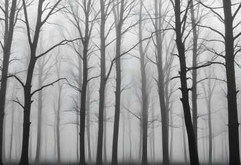 Bare trees in a foggy forest , with the trunks and branches visible against the mist