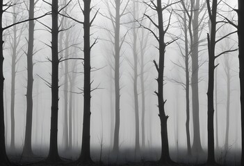 Obraz premium Bare trees in a foggy forest , with the trunks and branches visible against the mist