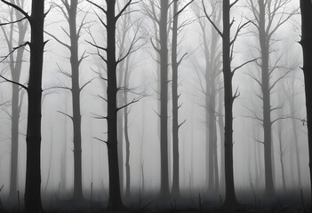 Obraz premium Bare trees in a foggy forest , with the trunks and branches visible against the mist