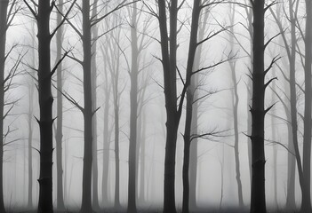 Bare trees in a foggy forest , with the trunks and branches visible against the mist