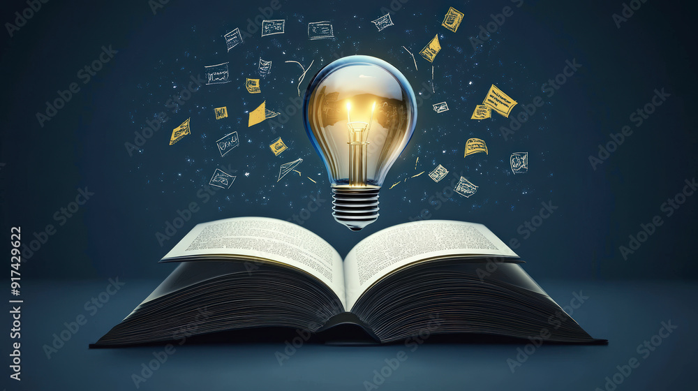 Poster an open book with a glowing light bulb floating above it, symbolizing the illumination and inspirati