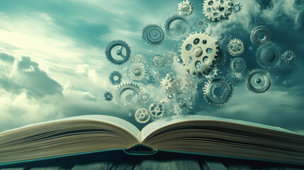 An open book with gears and cogs emerging from its pages against a cloudy sky, symbolizing...