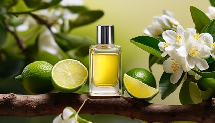 Close up view of a tree branch with Lime, several white flowers and a perfume glass bottle containing yellow liquid of Lime (Citrus aurantiifolia) extract. Empty label for branding mockup