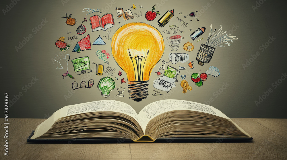 Poster an open book with colorful doodles and a glowing light bulb above, symbolizing the spark of knowledg