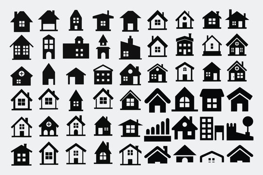 House Flat Black Silhouette Line Icons Set - Clean Vector Illustration with Smooth Path on White Background