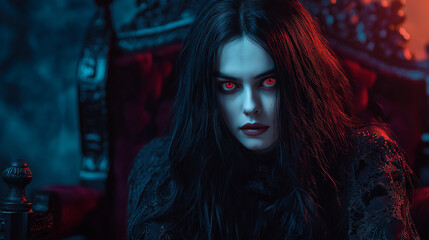 sinister man with glowing red eyes in gothic setting