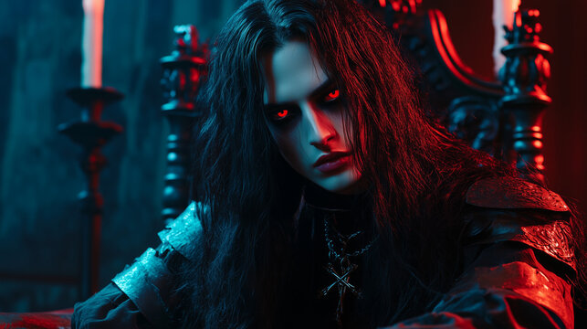 sinister man with glowing red eyes in gothic setting