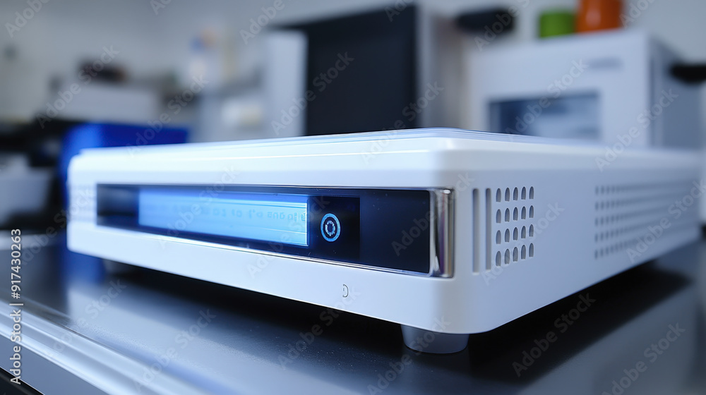 Poster a modern, sleek white electronic device with an illuminated display and power button on a reflective