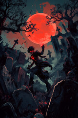 dark figure with red glowing eyes in graveyard under blood moon