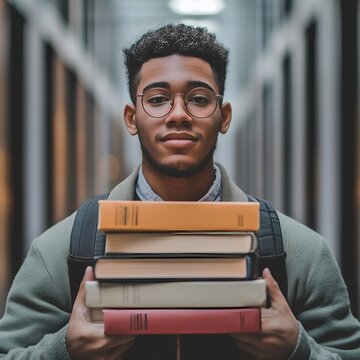 High school or college student with stack of books. Back to school theme. Adult student at the libruary. Afro American teenage boy