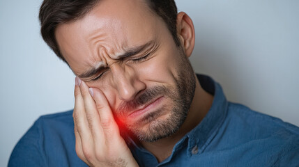 Obraz premium A man in a blue shirt appears to be experiencing severe toothache, holding his hand to his cheek with a pained expression on his face.
