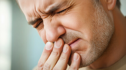 Fototapeta premium A bearded man is clutching his face and wincing in pain, possibly experiencing a toothache or some other discomfort.