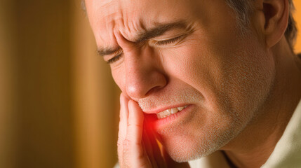 Obraz premium A man is holding his cheek and wincing in pain, indicating that he may be experiencing a toothache or facial discomfort.