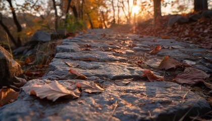 Obraz premium Fall nature walk, scenic trails, vibrant foliage, dynamic action