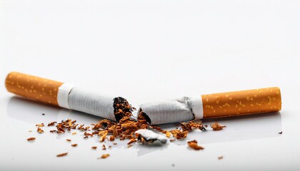 Healthy living lifestyle concept of Stop smoking, quit smoking or no smoking cigarettes, broken cigarettes with scattered tobacco. isolated on white background