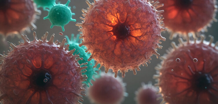 Depiction of virus particles in reproduction, submicroscopic infectious agent infecting cells of all lifeforms