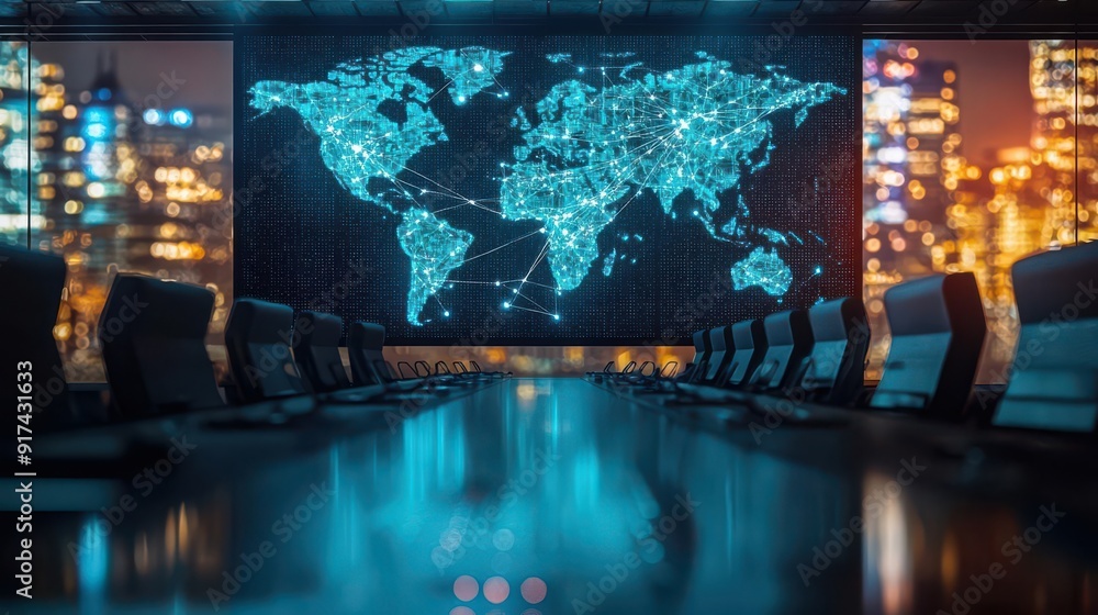 Poster global business network concept with interconnected nodes on a digital map displayed on a large scre