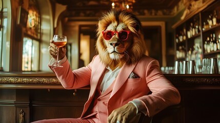 A lion wearing sunglasses and an elegant pink suit is sitting in the bar of his mansion, drinking from a fancy glass with red liquid inside. He has large expressive eyes and long hair.