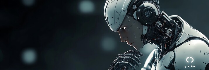 Fototapeta premium Robot thinking on black background with copy space