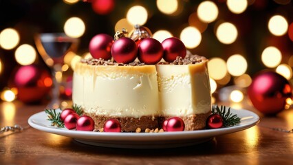 Christmas Cheesecake with Red Ornaments and Festive Lights.