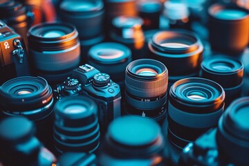 macro shots of different camera models, lenses, and photography gear with bokeh effect, world photography day