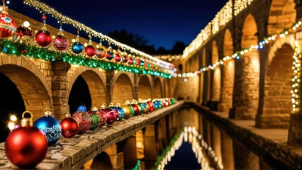 Obraz premium Christmas Ornaments Under Arched Bridge at Night.
