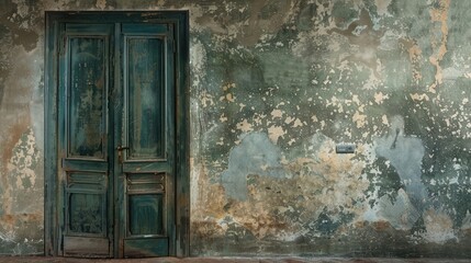 Aged green door with plaster wall backdrop