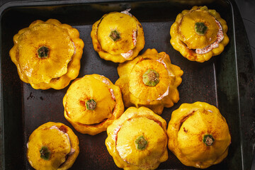 Pumpkins stuffed with vegetables and cheese baked on protvin