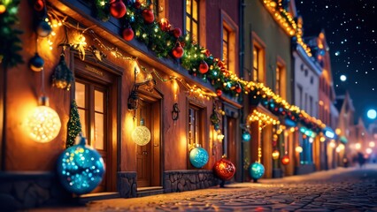 Festive Christmas Street Scene at Night.