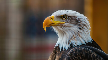 Obraz premium A photographic image of a majestic bald eagle, sharp focus on the eagle's head and beak, with piercing eyes, American flag blurred in the background