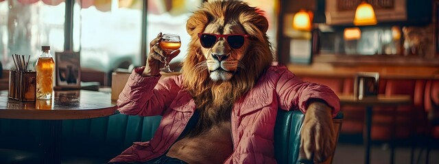A lion wearing sunglasses and an elegant pink suit is sitting in the bar of his mansion, drinking from a fancy glass with red liquid inside. He has large expressive eyes and long hair.