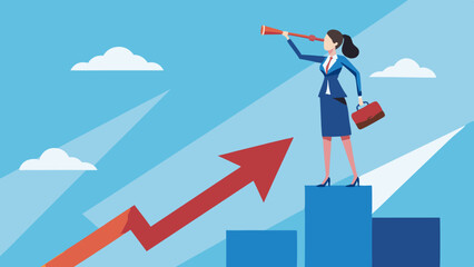  Woman leader with lady power business vision, woman visionary to see business opportunity concept, success businesswoman standing on top of rising arrow with telescope 