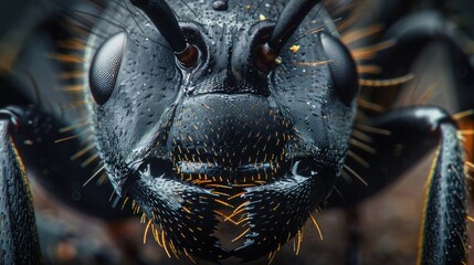 Fototapeta premium Black ant face photo using extreme macro techniques.Extreme Close-up