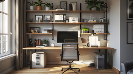 Contemporary home office with modern furniture, shelves, and stylish decor. Workspace with computer, ergonomic chair, plants, and natural light through window. Cozy and functional interior design