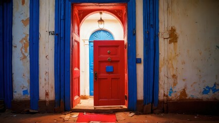 Fototapeta premium Red Doorway in a Peeling Wall.