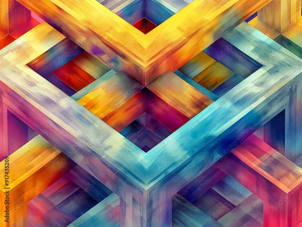 Wall mural A colorful abstract painting with a lot of different colors and shapes. The painting is made up of squares and triangles, and it looks like a puzzle. The colors are bright and vibrant