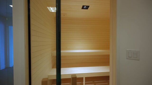 Element of sauna Interior with traditional accessories. Large wooden sauna installed on basement