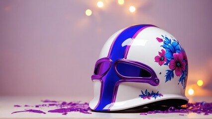 Floral Painted Motorcycle Helmet with Purple and Blue Details.