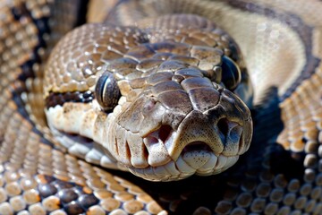 Fototapeta premium Close-up of a python. Snake isolated on a blurred background. Snake head and eyes.. Beautiful simple AI generated image in 4K, unique.